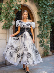 Sweetheart Retro Puffy Sleeves Floral Organza Two-piece Prom Dresses