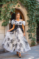 Sweetheart Retro Puffy Sleeves Floral Organza Two-piece Prom Dresses
