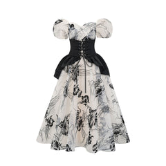 Sweetheart Retro Puffy Sleeves Floral Organza Two-piece Prom Dresses