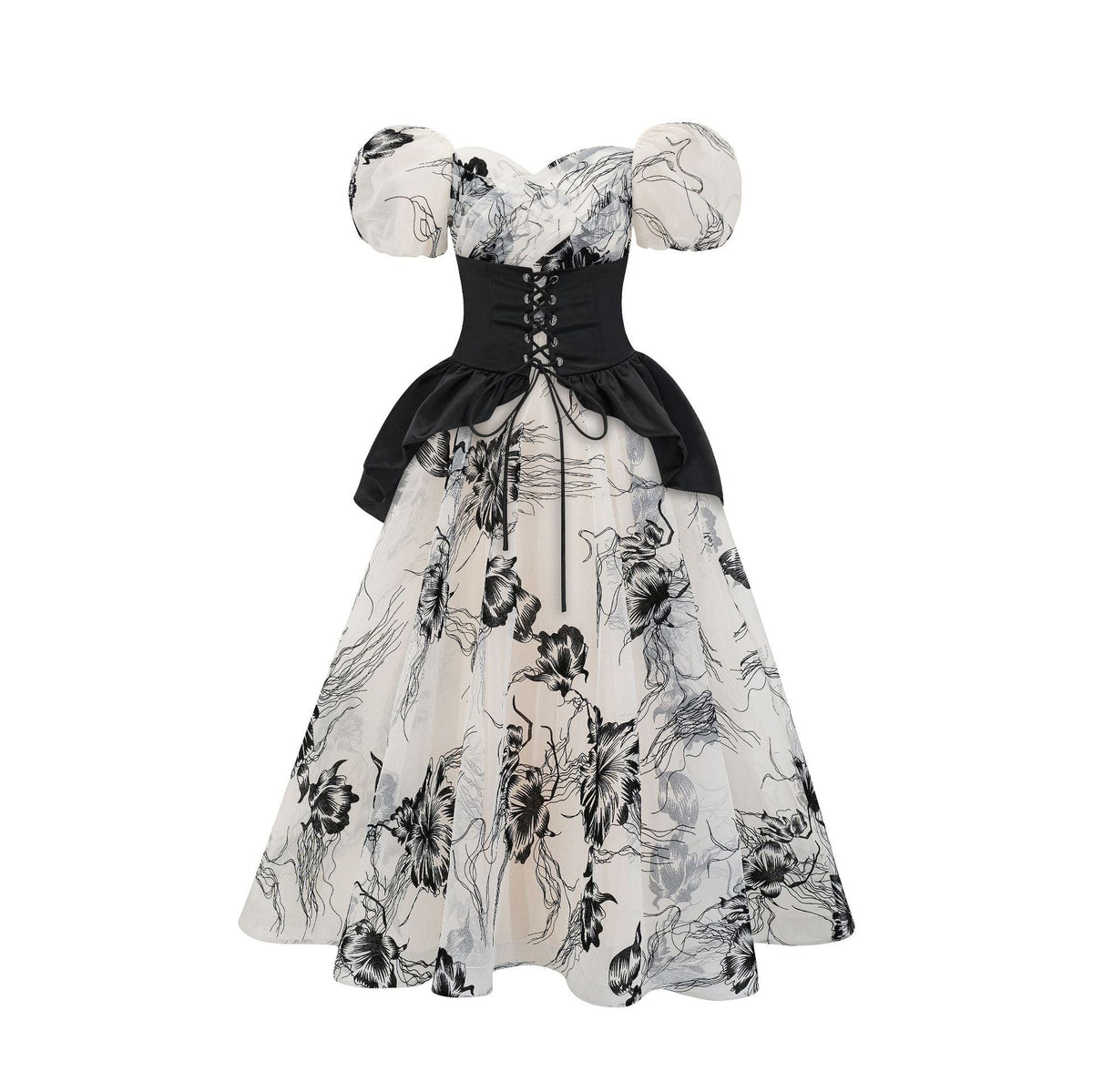 Sweetheart Retro Puffy Sleeves Floral Organza Two-piece Prom Dresses