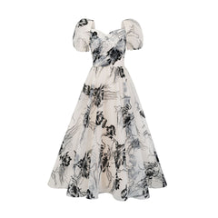Sweetheart Retro Puffy Sleeves Floral Organza Two-piece Prom Dresses