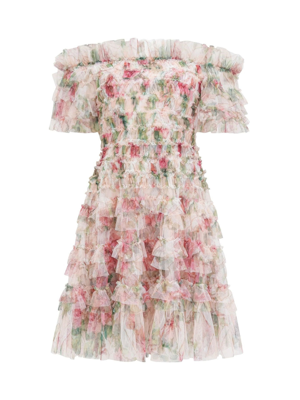 Apricot Knee Length Off the Shoulder Floral Tulle Prom Dresses