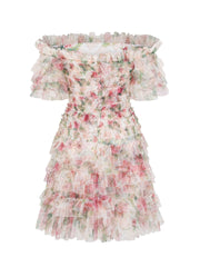 Apricot Knee Length Off the Shoulder Floral Tulle Prom Dresses