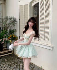 Pretty Lace Square Neckline Floral Fold Tiered Short Prom Dress Birthday Party Dress with Bowknot HZ0319