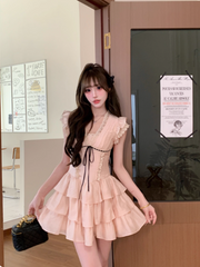 Cute V-neck lace Tiered Ruffle Mini Sweet 16 Dress Birthday Outfits Homecoming Dress HZ0319