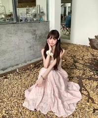 Cute A-Line Spaghetti Straps Lace-up Pleated Seaside Long Birthday Party Dress Women Dress Summer Dress HZ0319