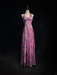 Elegant Halter Pleated Print Backless Prom Dress Evening Dress Party Dress HZ0319