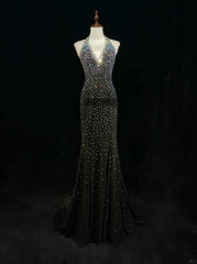 Shiny Halter Rhinestone Pleated Mermaid Prom Dress Evening Dress Birthday Gala Dress HZ0319