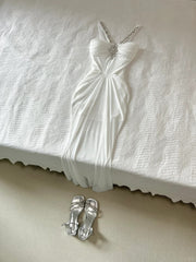 Elegant Prom Dress White Spaghetti Straps Crystal Pleated Prom Dress Party Dress HZ0319