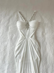 Elegant Prom Dress White Spaghetti Straps Crystal Pleated Prom Dress Party Dress HZ0319
