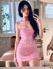 Shiny Homecoming Dress Spaghetti Straps Evening Dresses Birthday Party Dress Short Prom Gown HZ0319