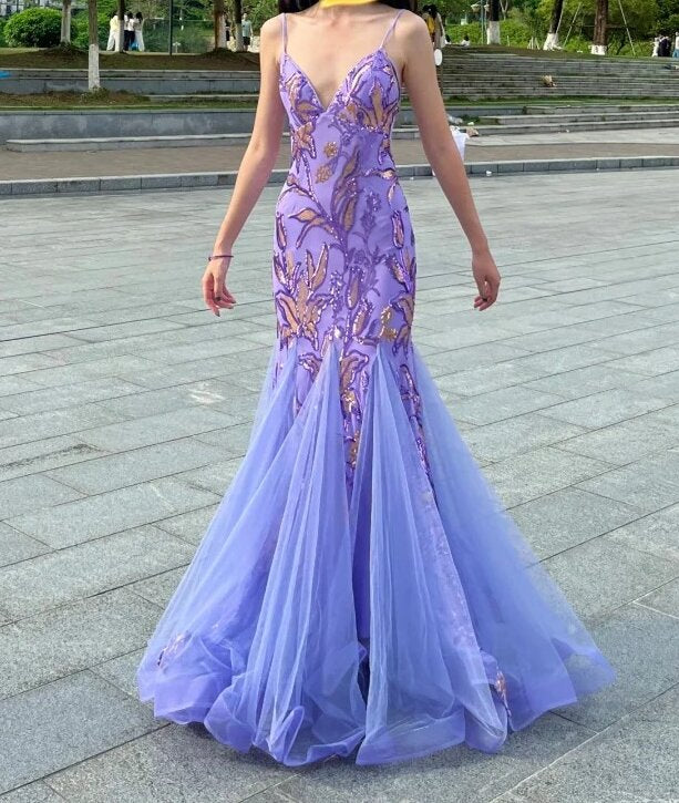 Stunning Prom Dress Spaghetti Straps Tulle Mermaid Prom Gown Evening Dress Party Dress HZ0319