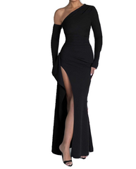 Elegant Women Dress Black Asymmetrical Neck Slit Party Dress Wedding Guest Dress HZ0319