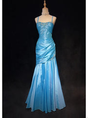 Charming Prom Dress Blue Spaghetti Straps Pleated Mermaid Evening Dress Gala Dress Party Dress HZ0319