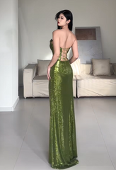 Shiny Prom Dress Green Strapless Pleated Slit Evening Dress Gala Dress Party Dress HZ0319