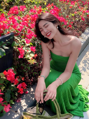 Charming Women Dress Green Strapless Pleated Summer Date Dress Seaside Party Dress HZ0319