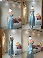 Sweet Prom Dress Light Blue A Line V-neck Party Dress Gala Dress HZ0319