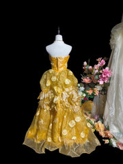 Stunning Prom Dress Yellow Strapless Pleated Evening Dress Birthday Party Outfits HZ0319