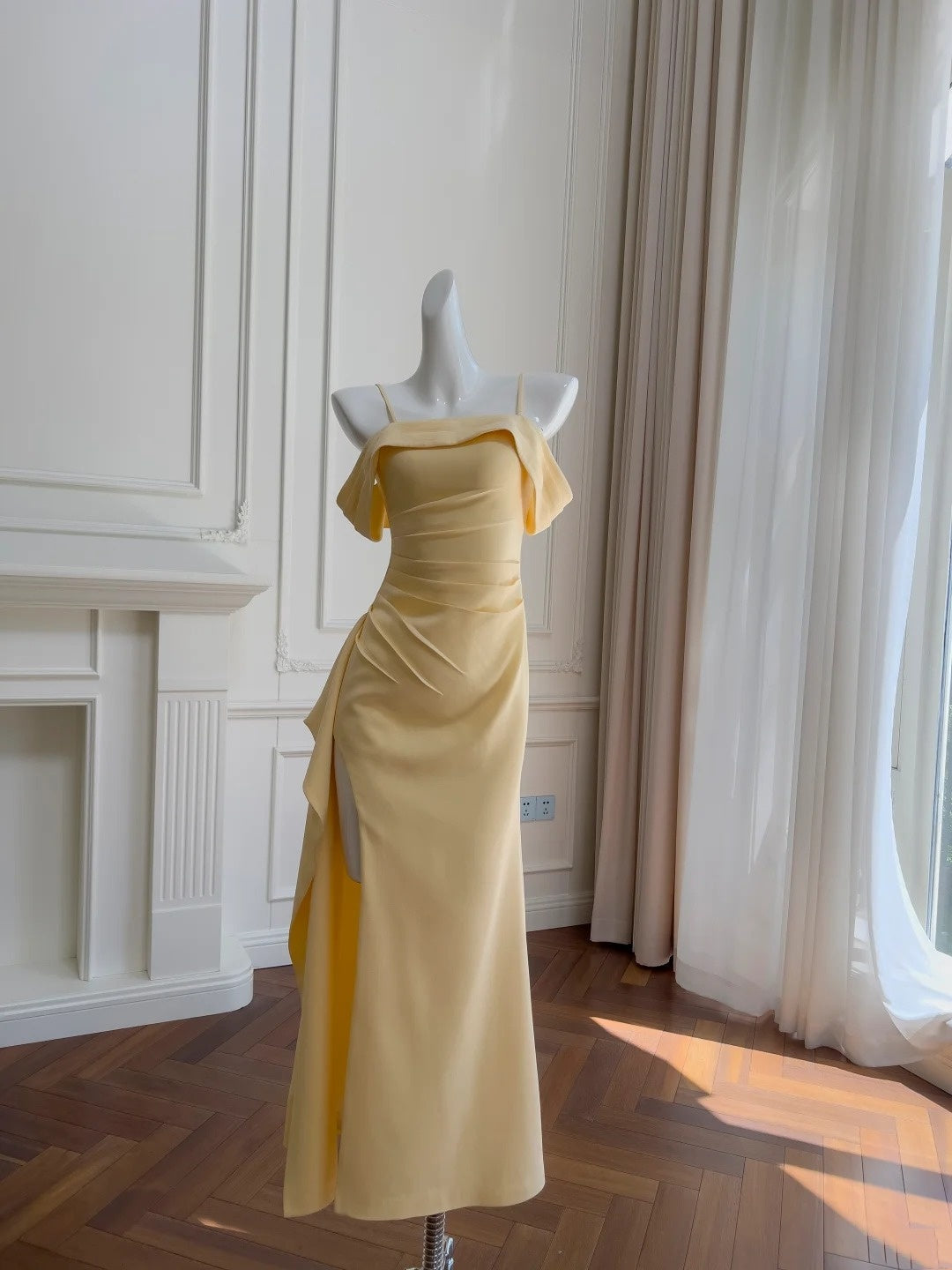 Pretty Prom Dress Spaghetti Straps Pleated Slit Long Birthday Party Outfits Cocktail Dress HZ0319