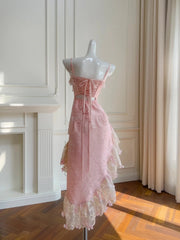 Stunning Prom Dress Pink Spaghetti Straps Lace Asymmetrical Hem Birthday Party Outfits Cocktail Dress HZ0319