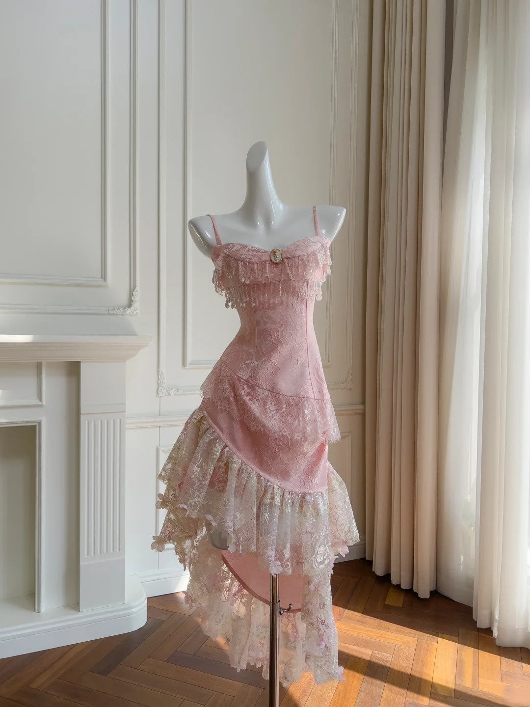 Stunning Prom Dress Pink Spaghetti Straps Lace Asymmetrical Hem Birthday Party Outfits Cocktail Dress HZ0319