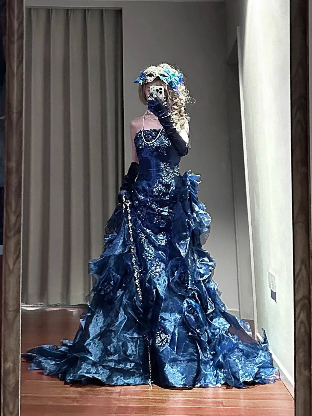 Gorgeous Prom Dress Dark Blue Strapless Ruffle Birthday Party Dress Evening Dress HZ0319
