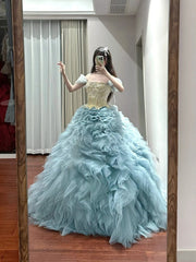 Elegant Prom Dress Off Shoulder Tiered Tulle Ball Gown Birthday Party Dress Princess Dress HZ0319