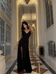 Shiny Prom Dress Black Spaghetti Straps Long Prom Dress Party Dress Cocktail Dress HZ0319