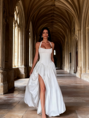 Minimalist Prom Dress Halter Slit Pleated Evening Dress Birthday Party Dress HZ0319