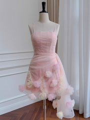 Sweet Homecoming Dress Spaghetti Straps Pleated Tulle Birthday Party Dress Cocktail Dress HZ0319