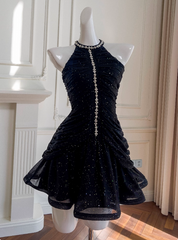 Shiny Homecoming Dress Black Crew Neck Pleated Short Prom Dress Birthday Party Outfits HZ0319
