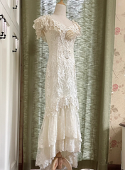Vintage Wedding Dress Crew Neck Lace Pleated Wedding Dress HZ0319