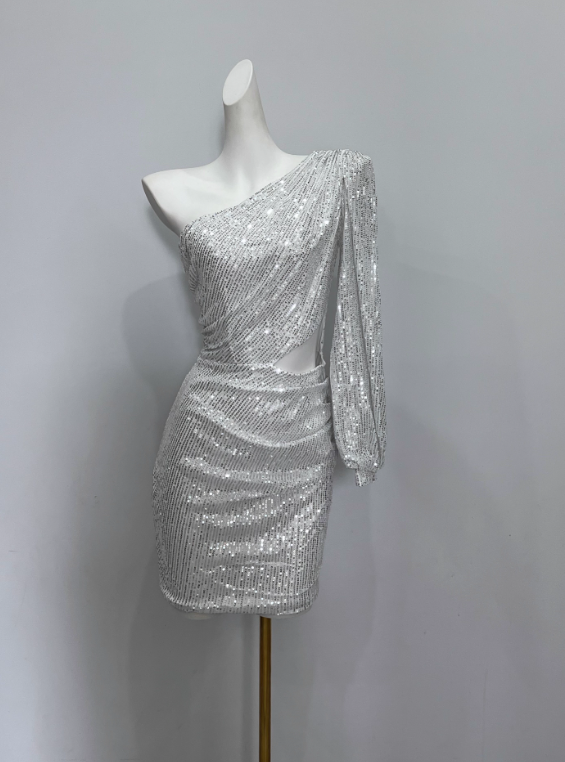 Shiny Homecoming Dress Asymmetrical Neck Short Prom Dress Birthday Party Dress Cocktail Dress HZ0319