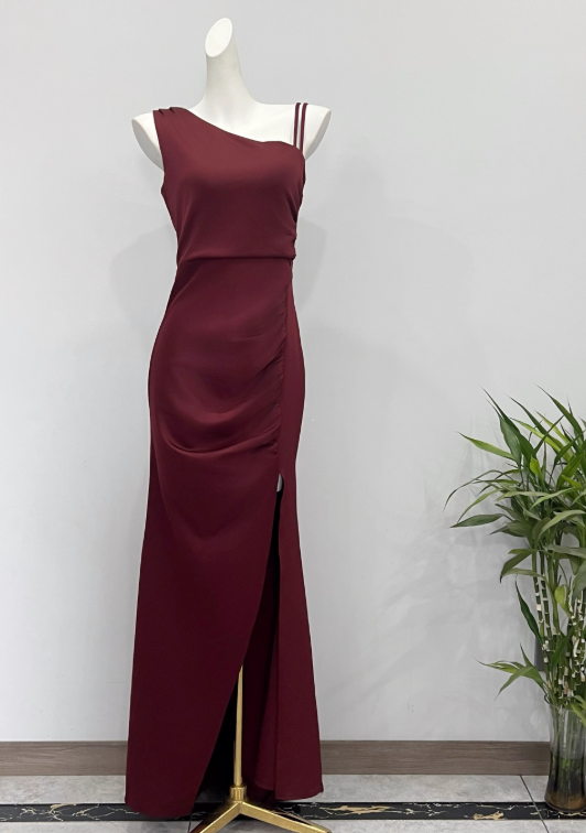 Stunning Prom Dress Wine Red Asymmetrical Neck Slit Evening Dress Birthday Party Dress HZ0319