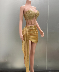 Sexy Homecoming Dress Gold Sweetheart Pleated Short Prom Dress Cocktail Dress Birthday Party Dress HZ0319