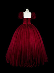 Elegant Prom Dress Wine Red Square Neck Pleated Tulle Ball Gown Evening Dress Birthday Dress HZ0319