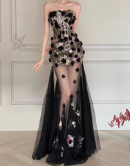 Stunning Prom Dress Strapless Floral Tulle Evening Dress Birthday Party Outfits HZ0319