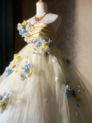 Charming Prom Dress Strapless Floral Tulle Pleated Ball Gown Evening Dress Sweet 16 Dress HZ0319