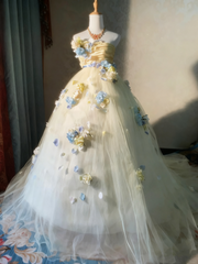 Charming Prom Dress Strapless Floral Tulle Pleated Ball Gown Evening Dress Sweet 16 Dress HZ0319
