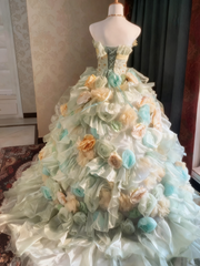 Popular Prom Dress Strapless Pleated Tiered Flower Ball Gown Evening Dress Quinceanera Dress HZ0319