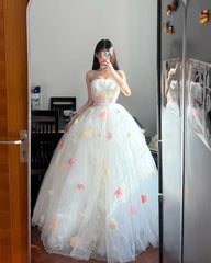 Sweet Prom Dress Strapless Flower Tulle Ball Gown Evening Dress Birthday Party Dress HZ0319