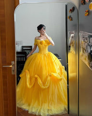 Stunning Prom Dress Off Shoulder Tulle Pleated Ball Gown Evening Dress Quinceanera Dress HZ0319