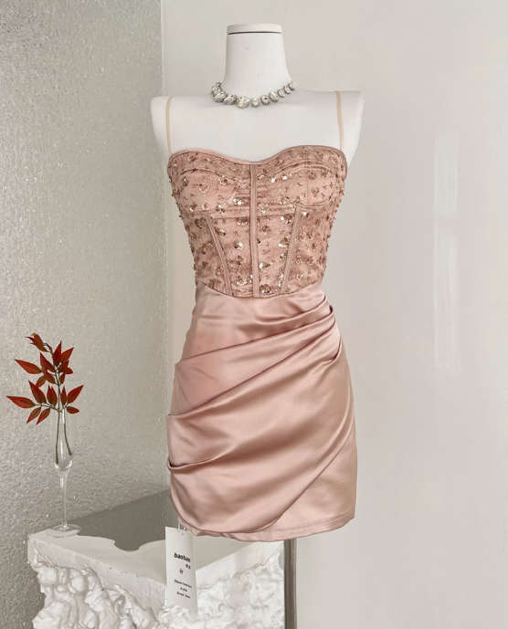 Shiny Women Dress Spaghetti Straps Pleated Short Birthday Party Outfits Seaside Dress HZ0319