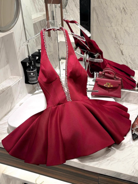 Beauty Homecoming Dress Wine Red Halter Short Prom Dress Cocktail Dress Birthday Party Outfits HZ0319
