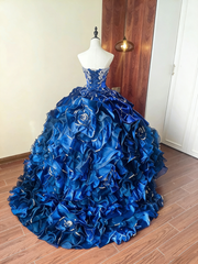Gorgeous Prom Dress Blue Sweetheart Pleated Ball Gown Birthday Party Outfits Evening Dress Sweet 16 Dress HZ0319