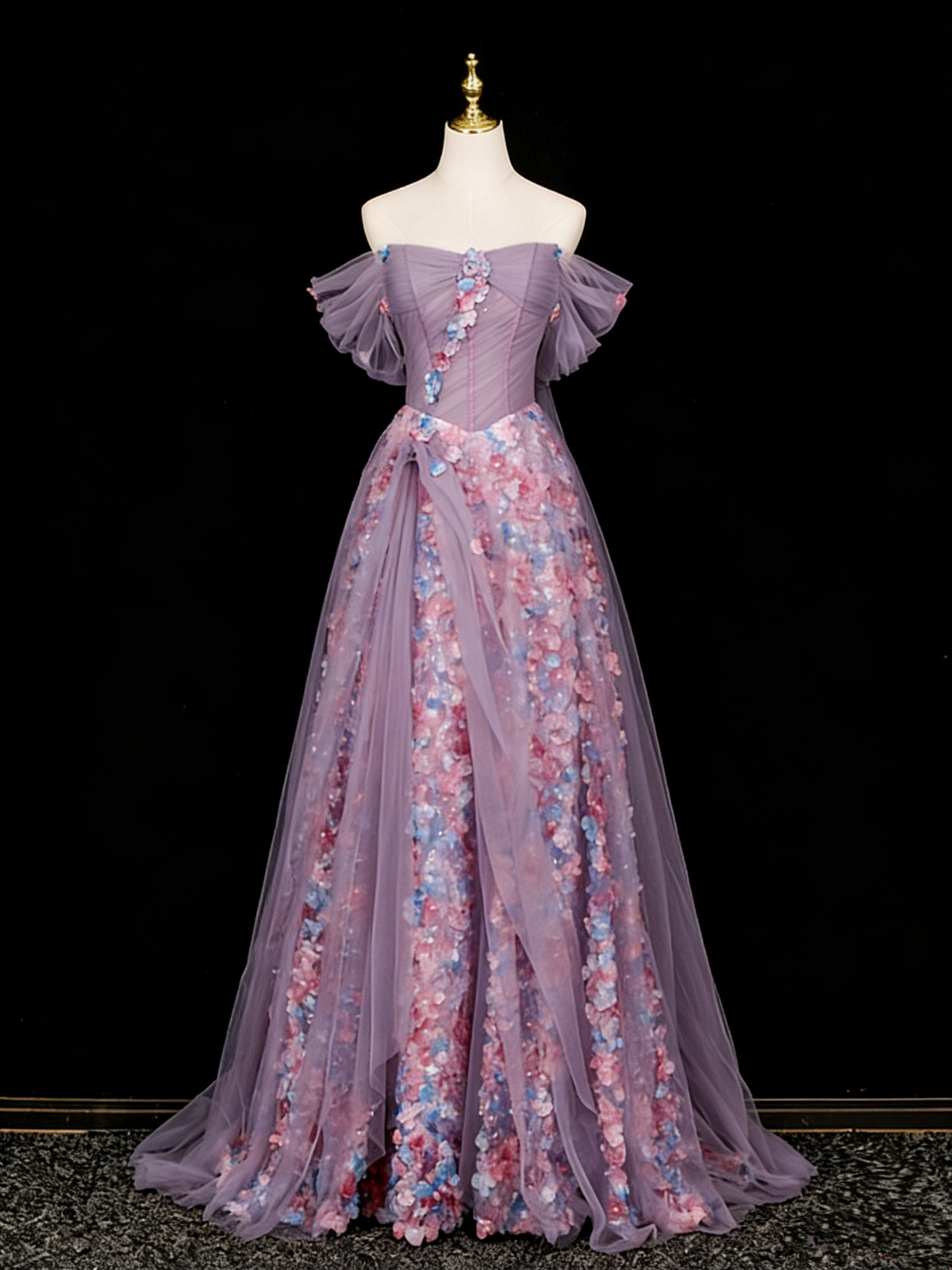 Stunning Prom Dress Off Shoulder Pleated Tulle Floral Gala Dress Evening Dress HZ0319