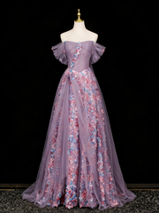 Stunning Prom Dress Off Shoulder Pleated Tulle Floral Gala Dress Evening Dress HZ0319
