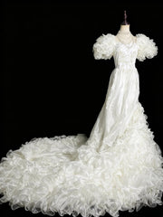 Vintage Wedding Dress Asymmetrical Neck Pleated Ruffle Wedding Dress HZ0319