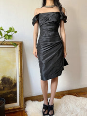 Minimalist Short Prom Dress Satin Black Off Shoulder Pleated Formal Dress Evening Dress Gala Dress HZ0319