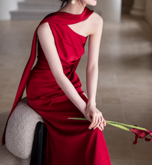 Minimalist Prom Dress Wine Red Asymmetrical Neck Pleated Gala Dress Evening Dress Formal Dress HZ0319
